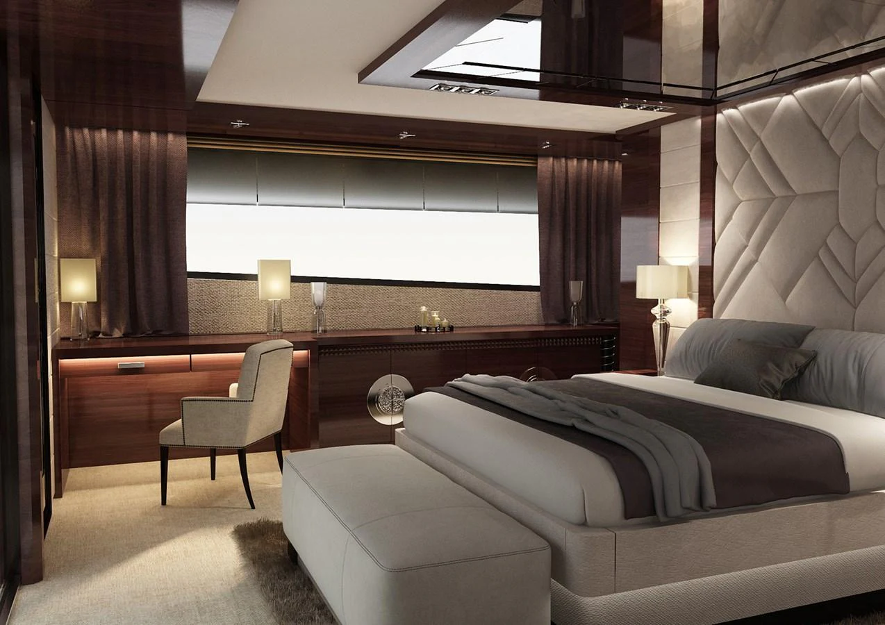 a room with a bed and a desk aboard BRIZO 110 EXPLORER Yacht for Sale