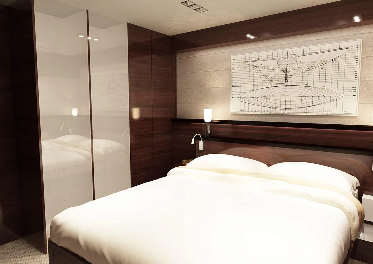 a bed with a white sheet aboard BRIZO 110 EXPLORER Yacht for Sale