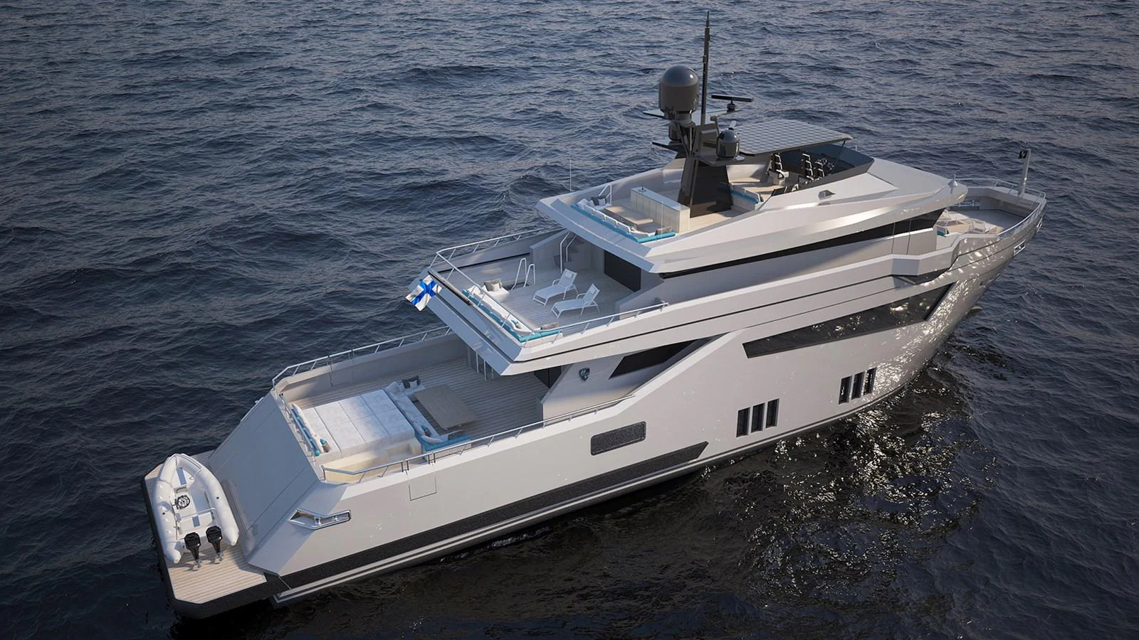 a white boat on the water aboard BRIZO 110 EXPLORER Yacht for Sale