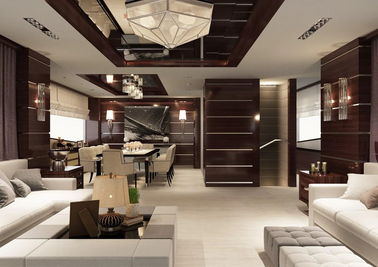 a room with a staircase and furniture aboard BRIZO 110 EXPLORER Yacht for Sale