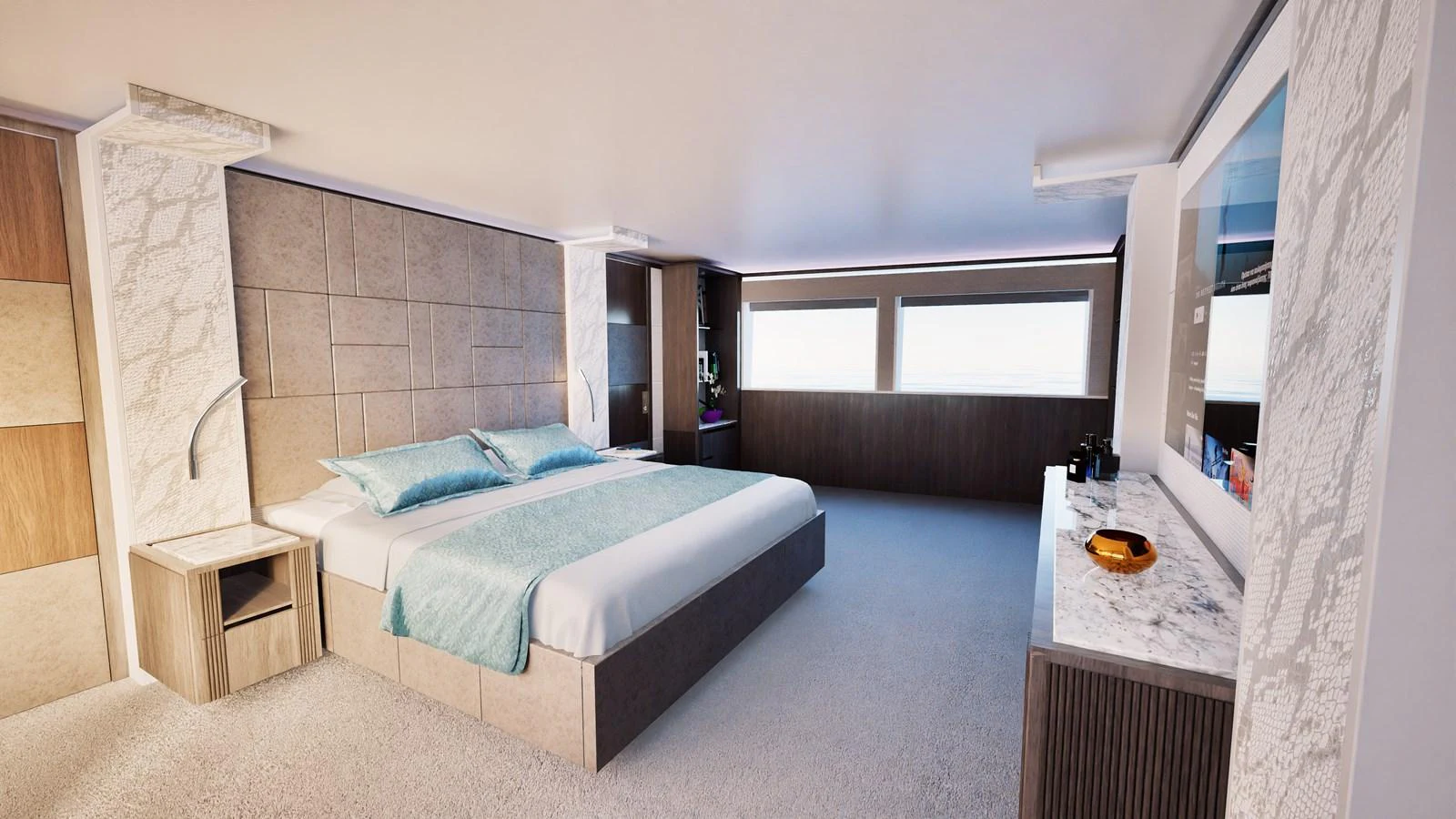 a bedroom with a bed and a table aboard E SERIES 40 Yacht for Sale