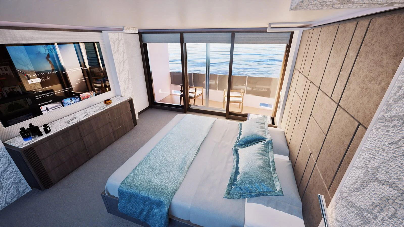 a bed in a room aboard E SERIES 40 Yacht for Sale
