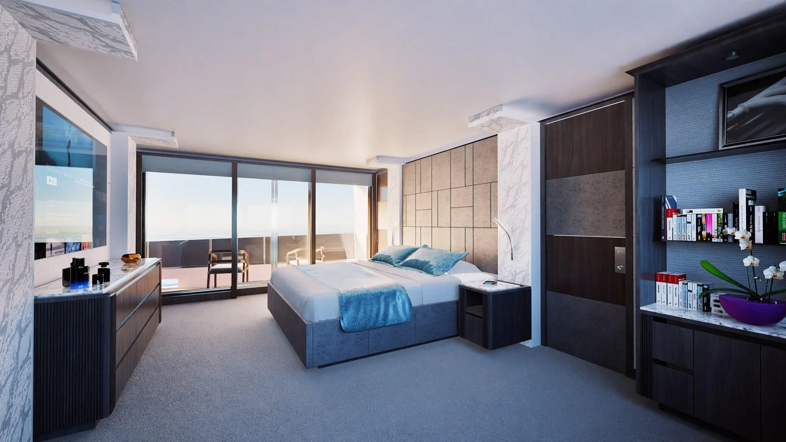 a bedroom with a bed and a desk aboard E SERIES 40 Yacht for Sale