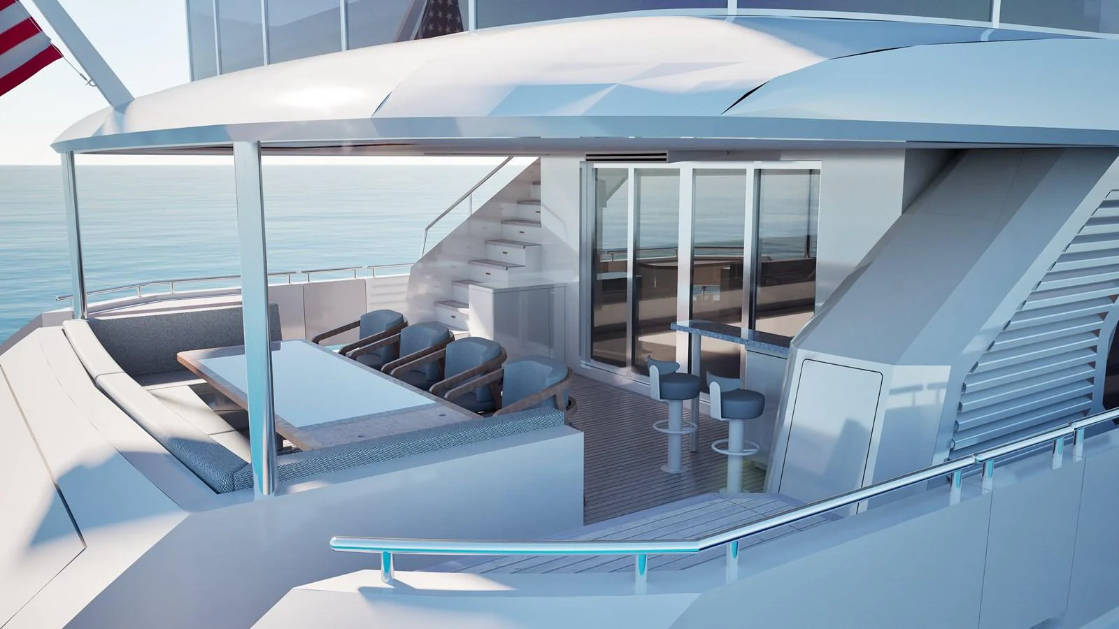 a large blue lounge chair in a room with a large window aboard E SERIES 40 Yacht for Sale