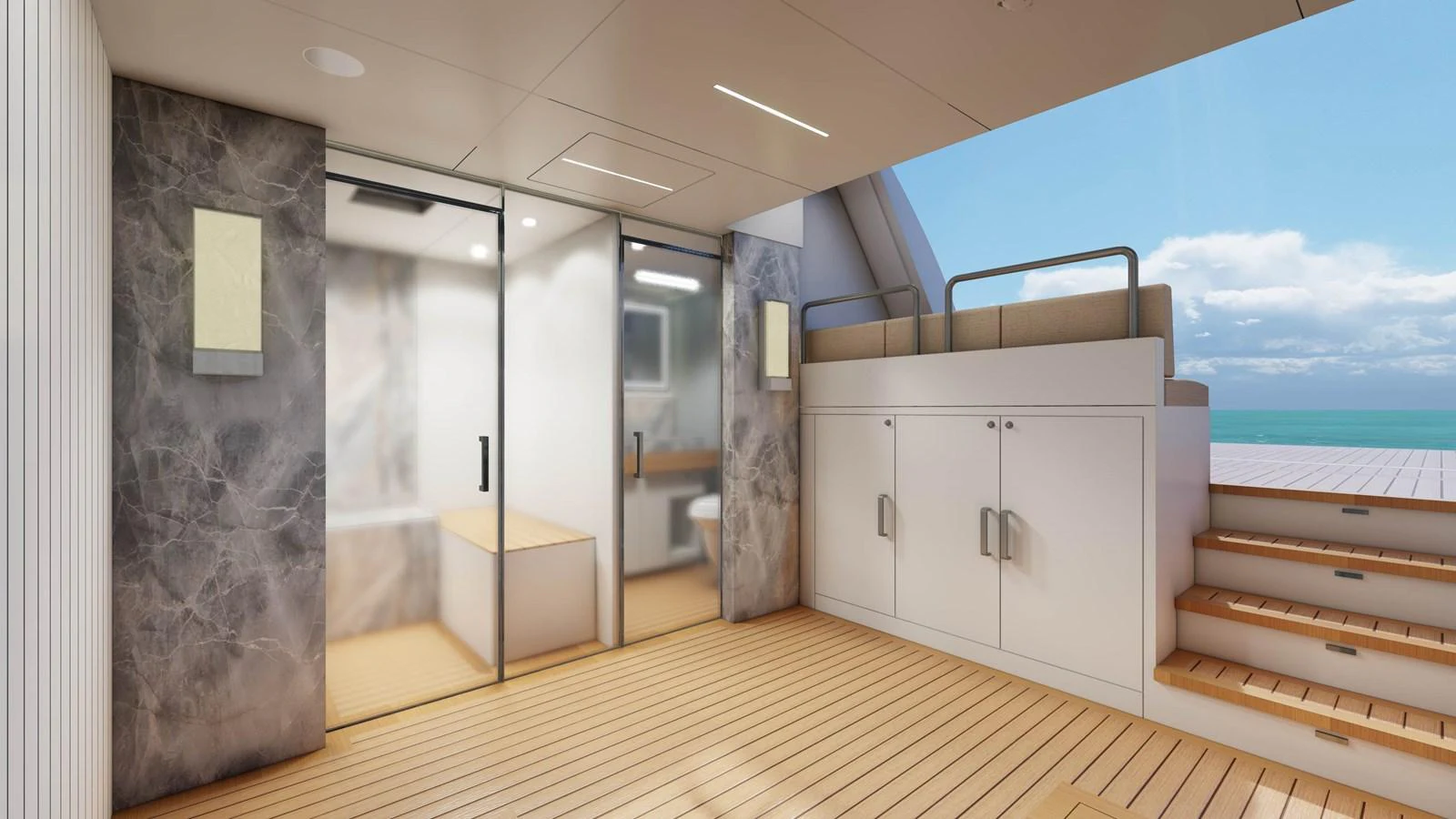 a room with a large door and a balcony aboard E SERIES 40 Yacht for Sale
