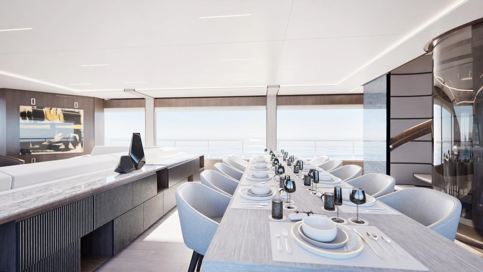 a large white room with a large table and chairs aboard E SERIES 40 Yacht for Sale