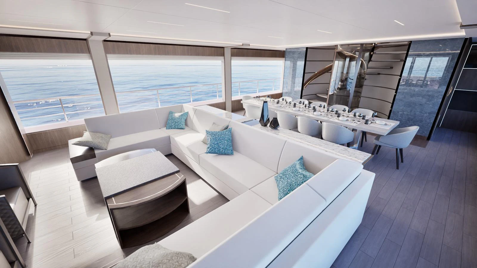 a room with a large window and a table with chairs aboard E SERIES 40 Yacht for Sale