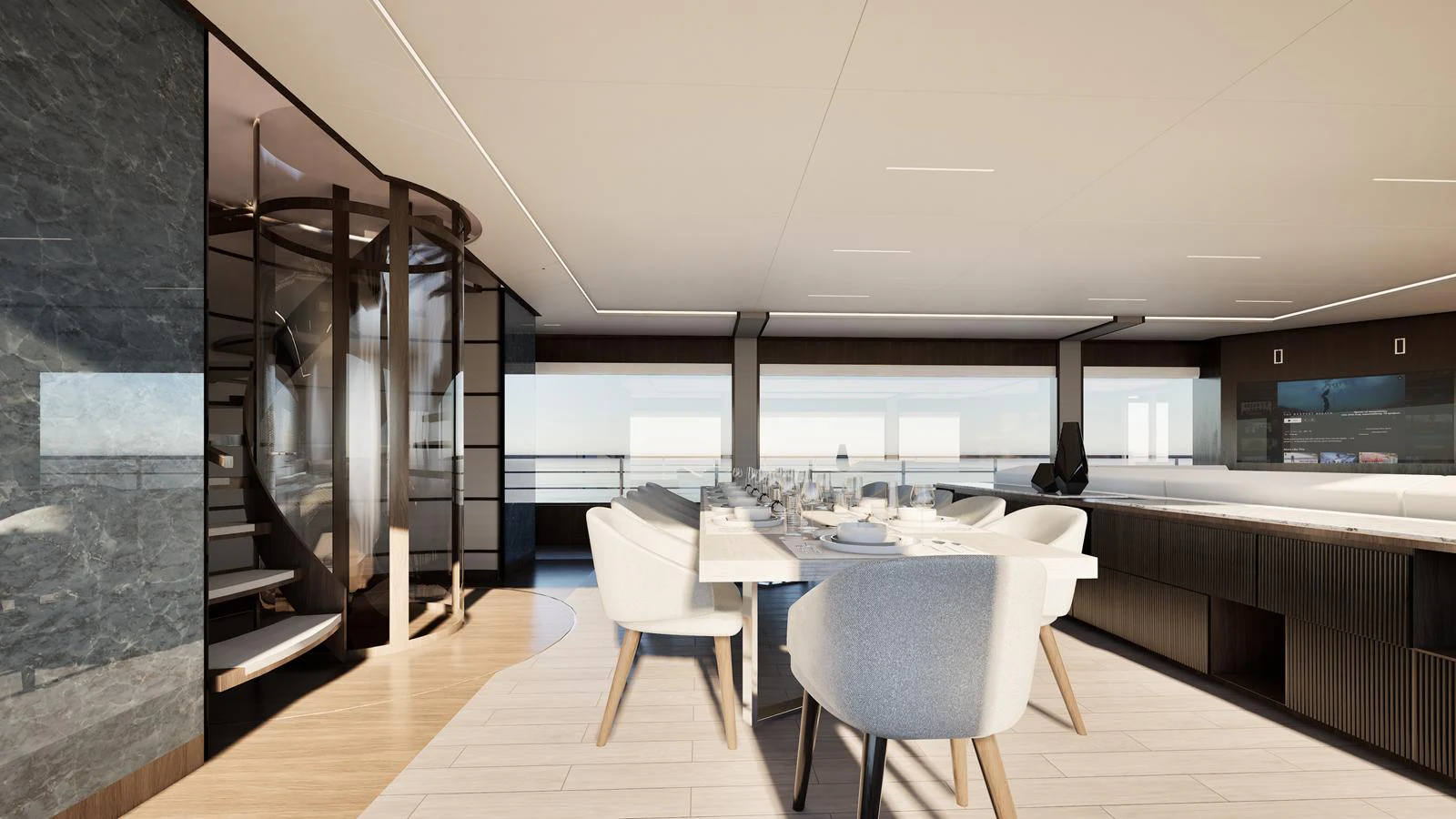 a room with a table and chairs aboard E SERIES 40 Yacht for Sale