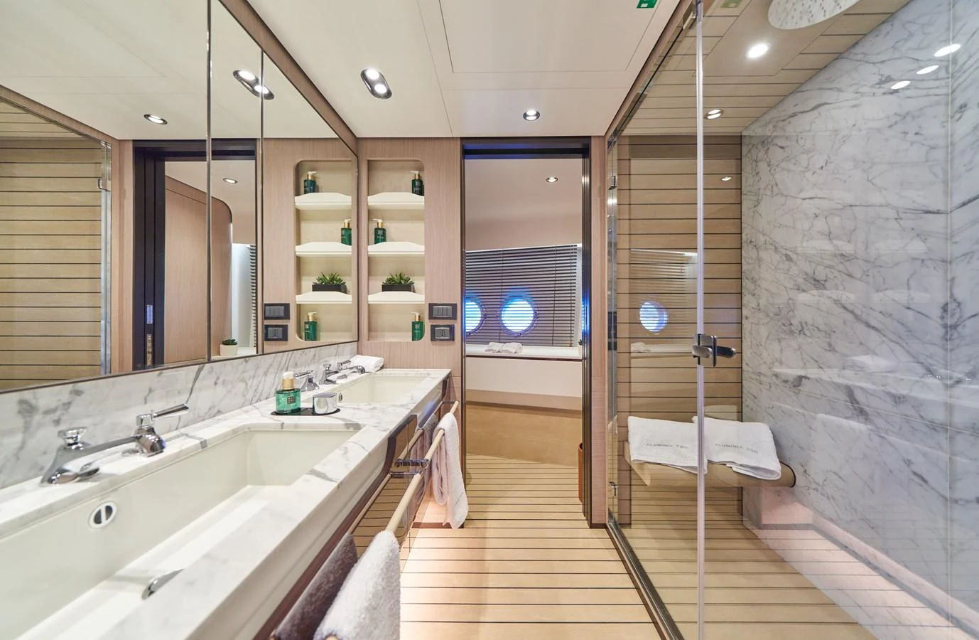 a bathroom with a large shower aboard ALUMINIA TOO Yacht for Sale