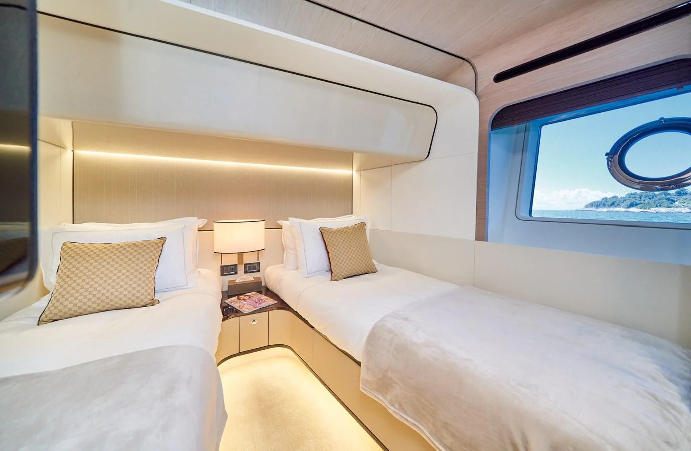 a room with two beds aboard ALUMINIA TOO Yacht for Sale