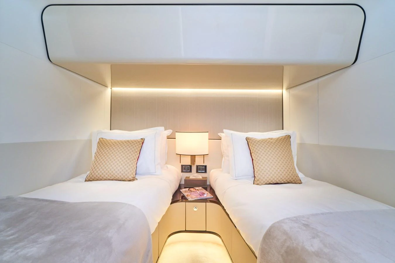 a room with two beds aboard ALUMINIA TOO Yacht for Sale