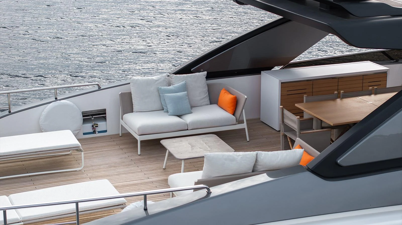 a room with a couch and a table aboard JOURNEY Yacht for Sale