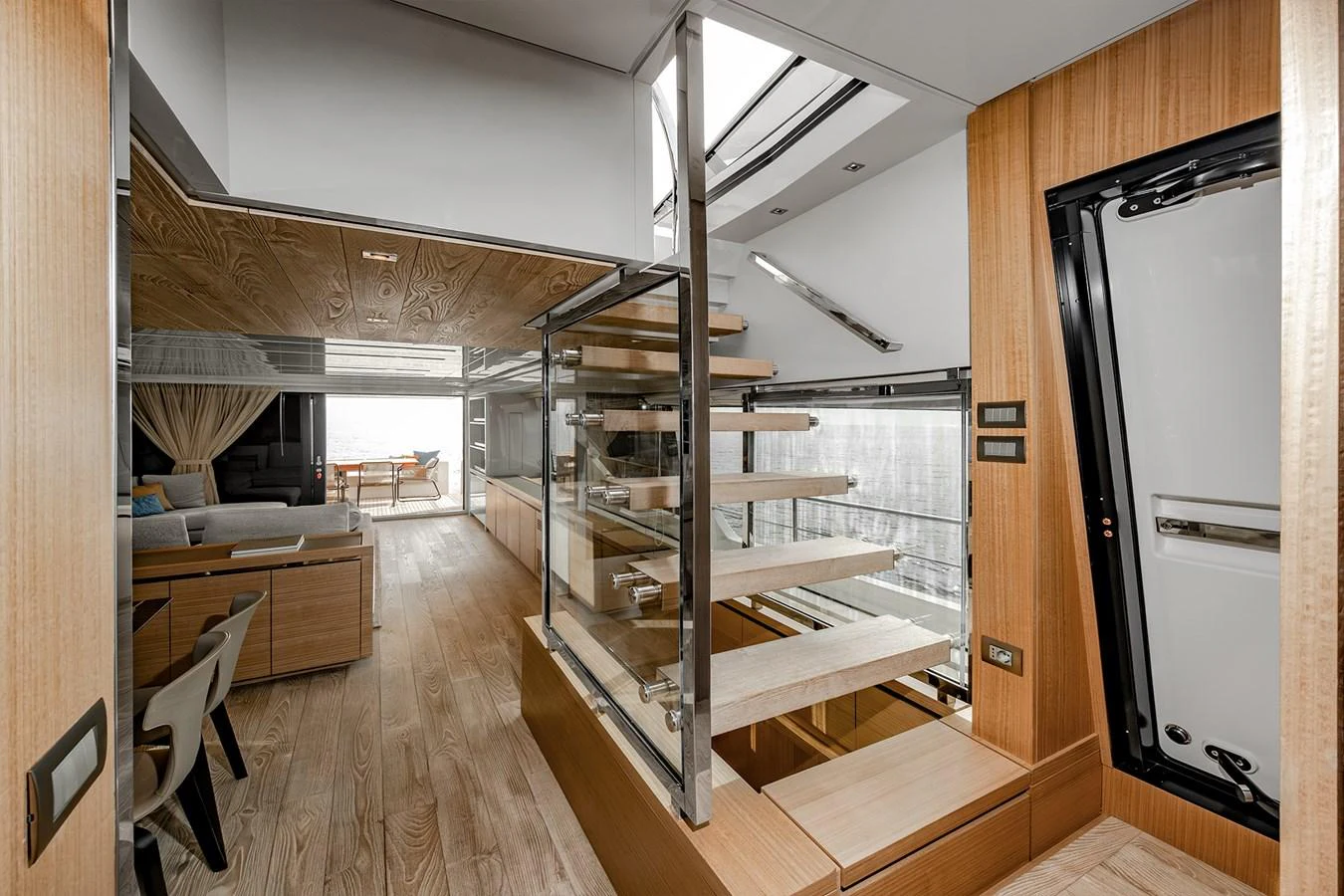 a room with a large glass window aboard JOURNEY Yacht for Sale
