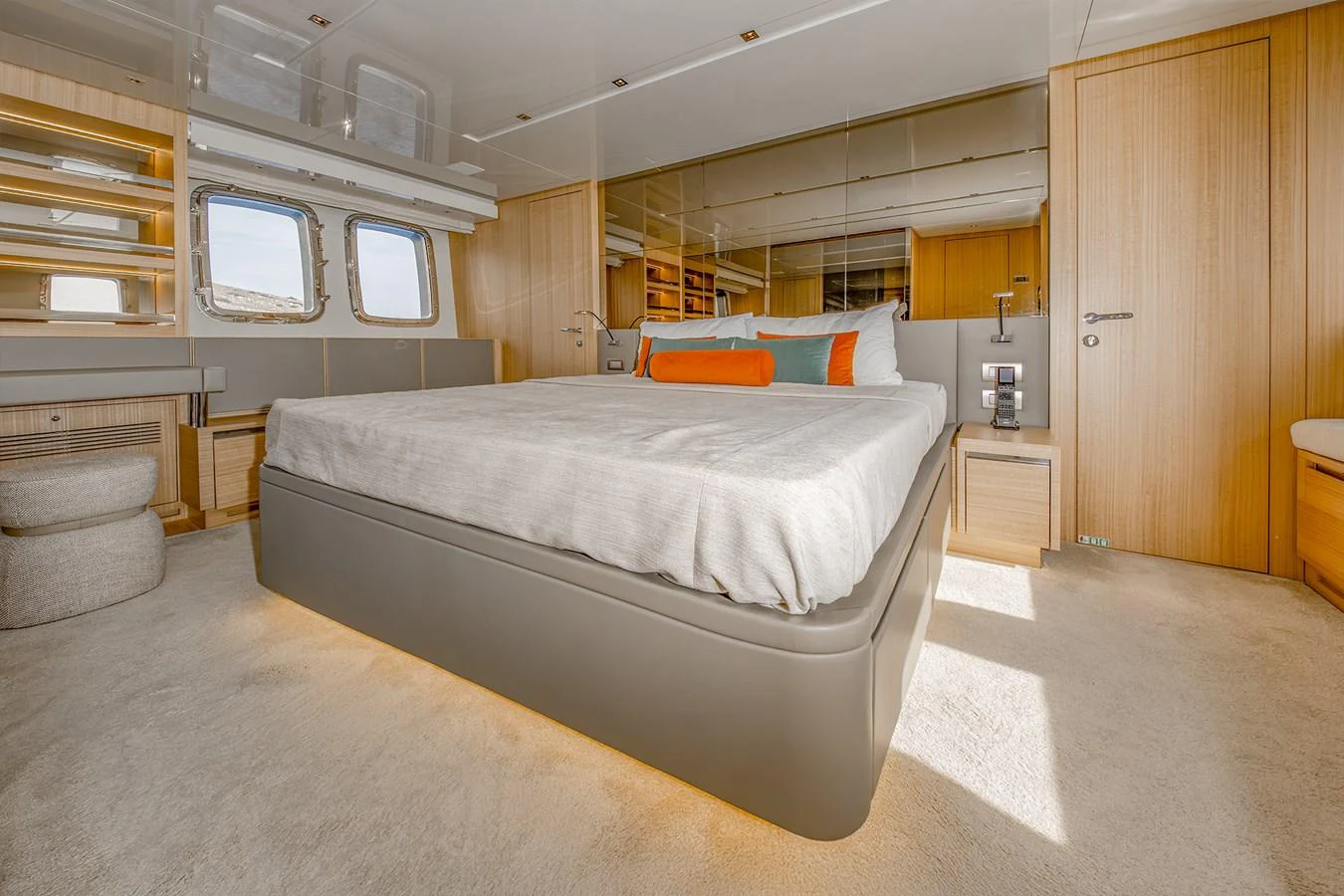 a large bed in a room aboard JOURNEY Yacht for Sale