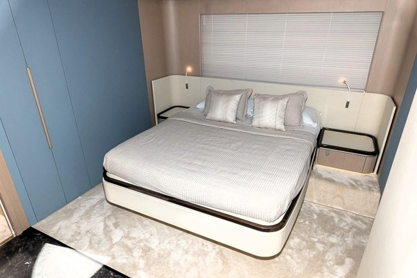 a bed with white sheets aboard PRINCEPESSA Yacht for Sale