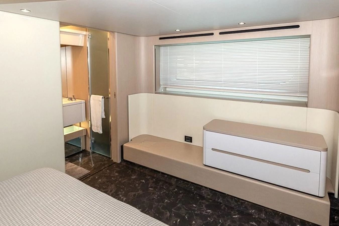 a room with a bed and a window aboard PRINCEPESSA Yacht for Sale
