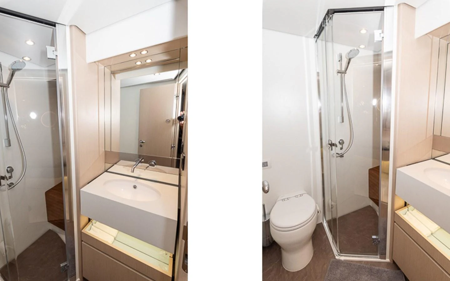 a bathroom with a shower and sink aboard PRINCEPESSA Yacht for Sale