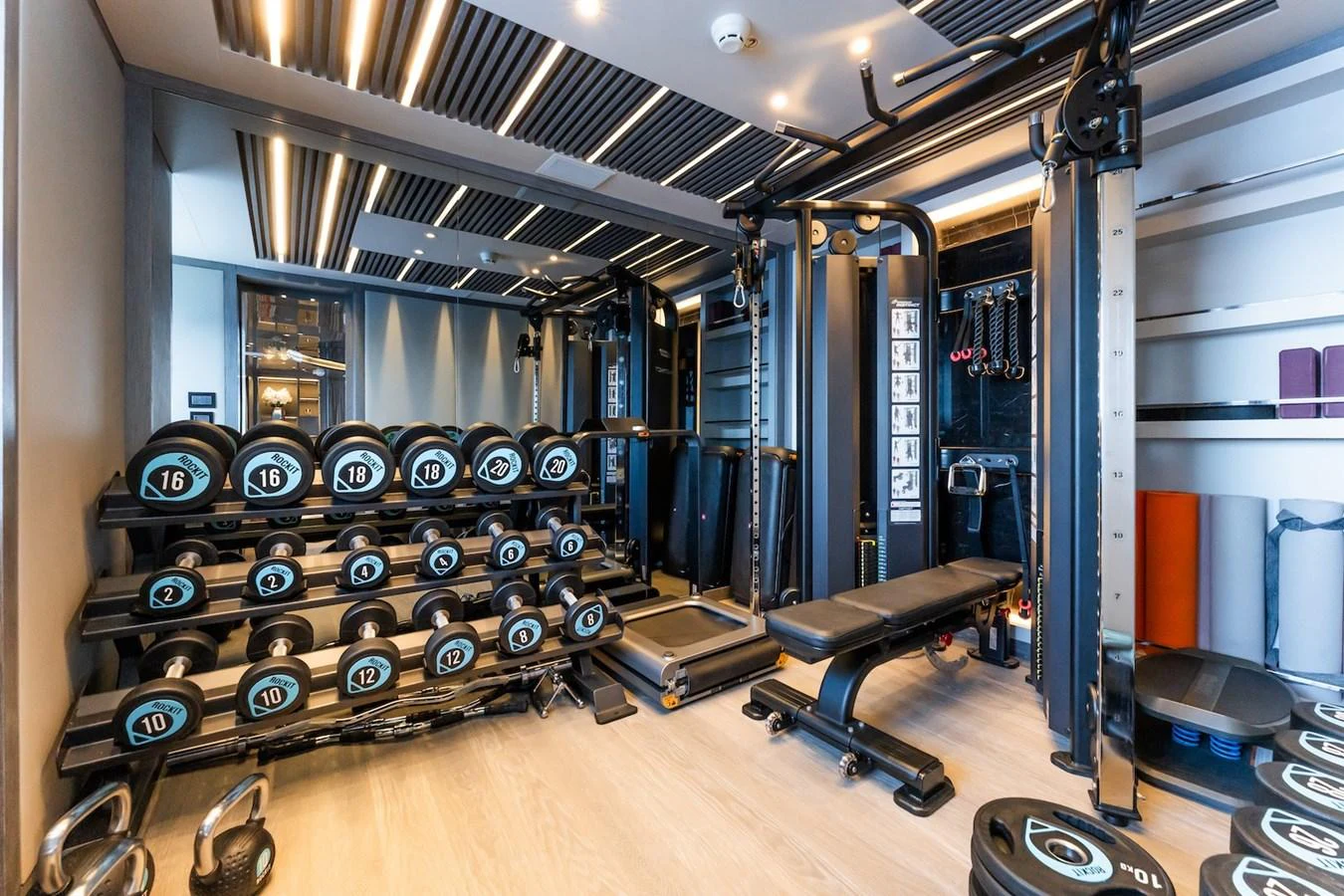 a room with a large rack of musical instruments aboard FORTUNA Yacht for Sale