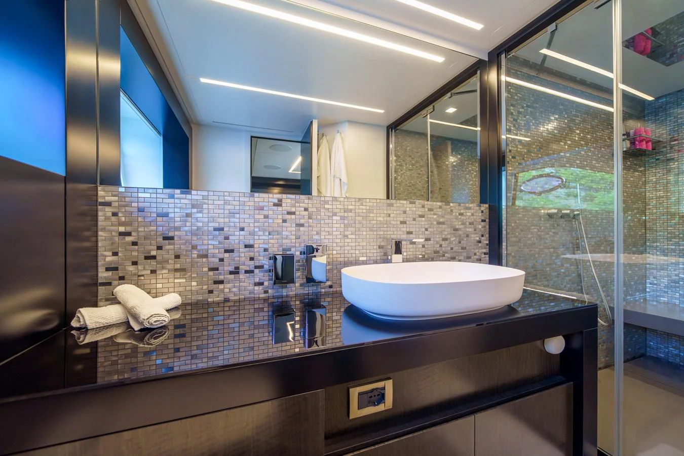 A luxurious bathroom featuring modern fixtures and elegant design. aboard MAVIS Yacht for Sale