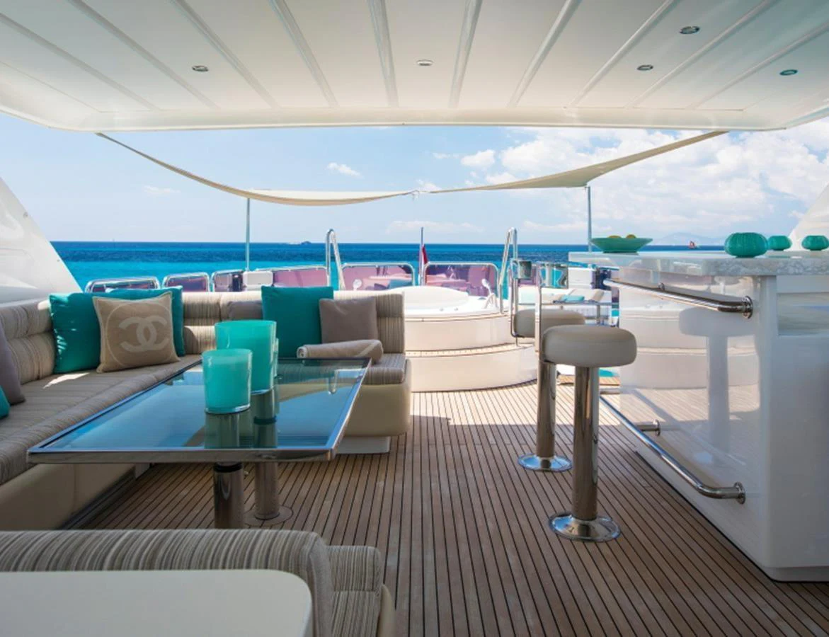 The aft deck features a luxurious seating area with a view of the sea, perfect for relaxation and socializing. aboard MR & MRS SMITH Yacht for Sale