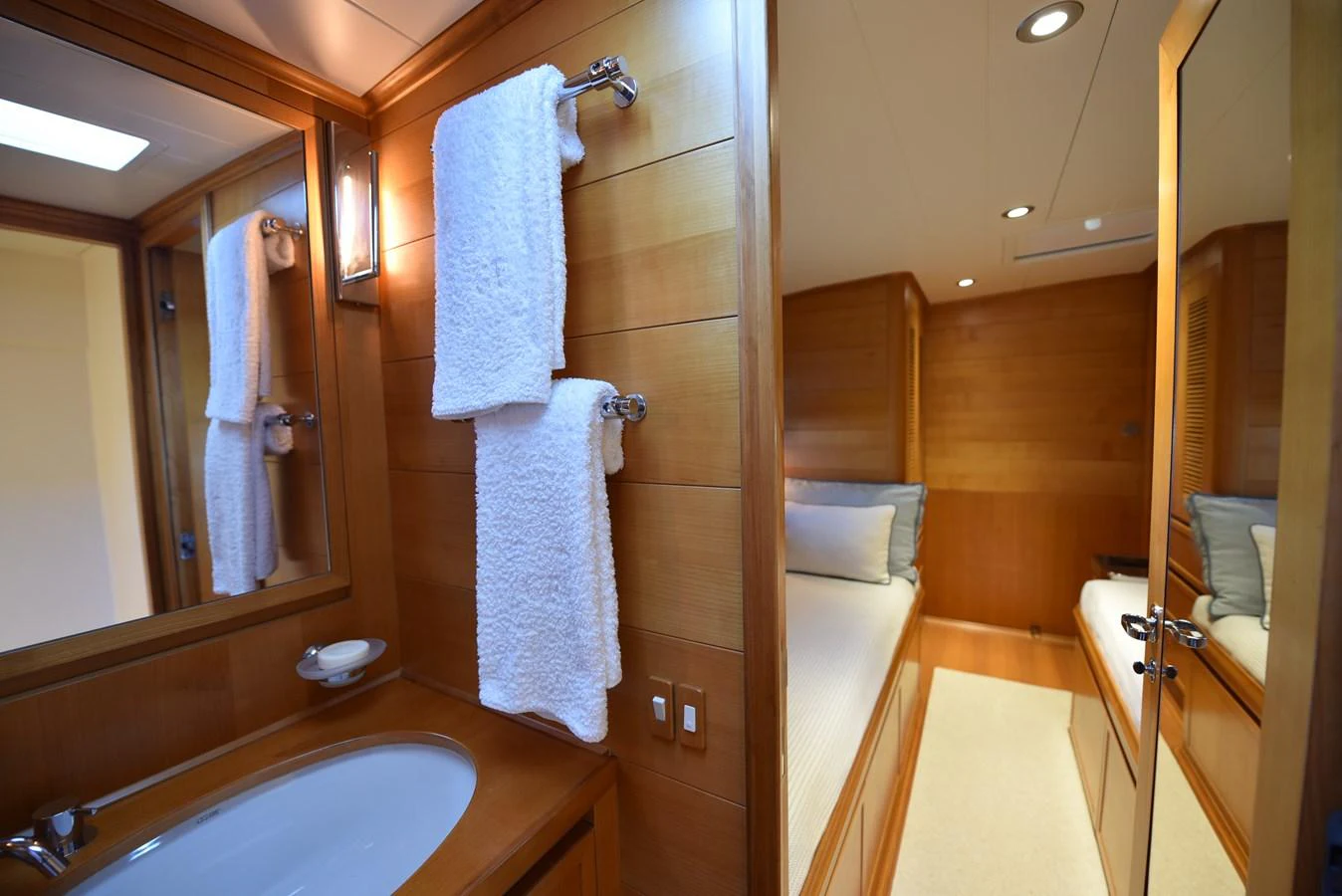 a bathroom with a towel on the wall aboard GREEN EYES Yacht for Sale