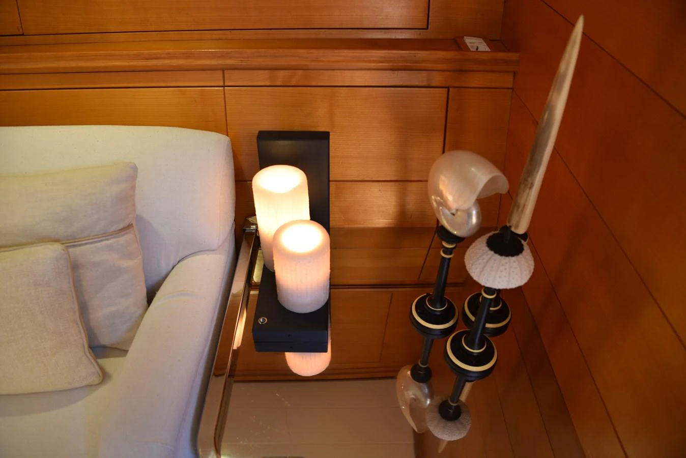 a lamp on a table aboard GREEN EYES Yacht for Sale