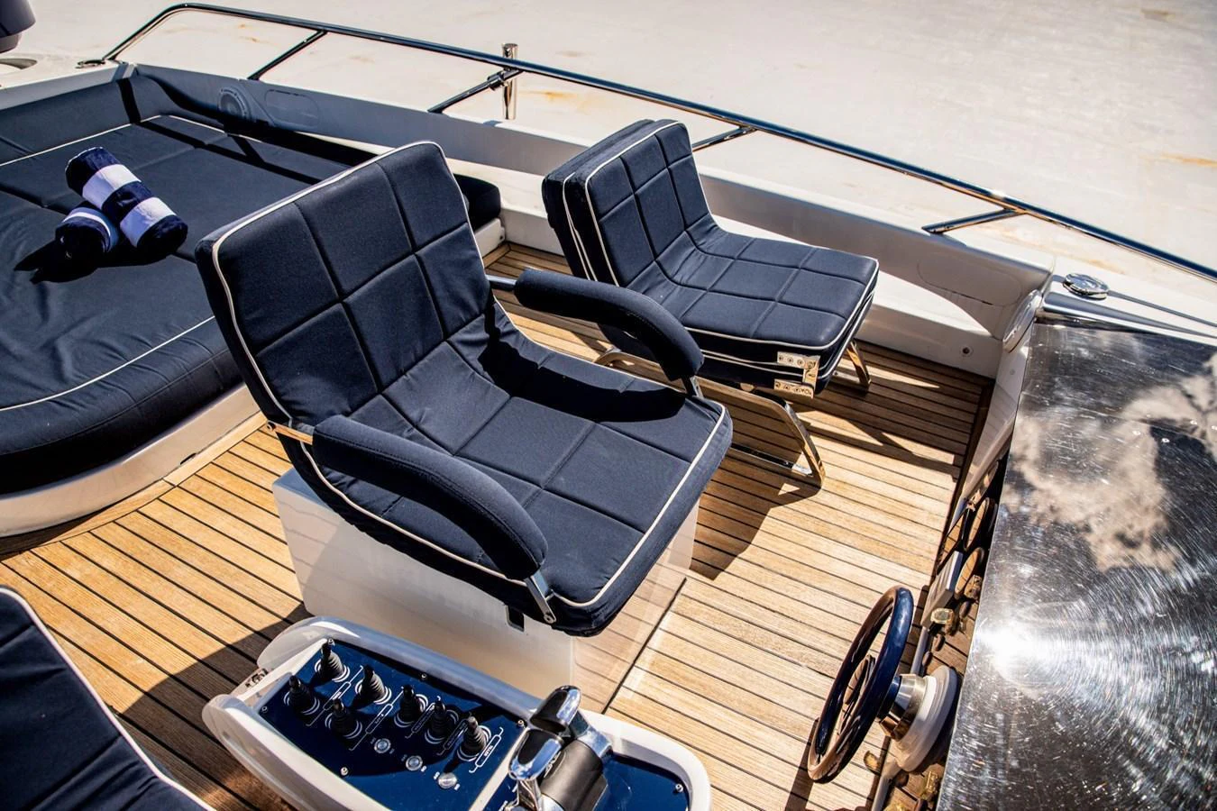The flybridge features comfortable seating with a view, perfect for relaxation and navigation. aboard DOROTHY ANN Yacht for Sale