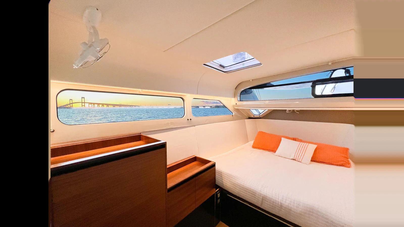 A cozy stateroom with large windows offering stunning sea views. aboard GUNBOAT 80 Yacht for Sale