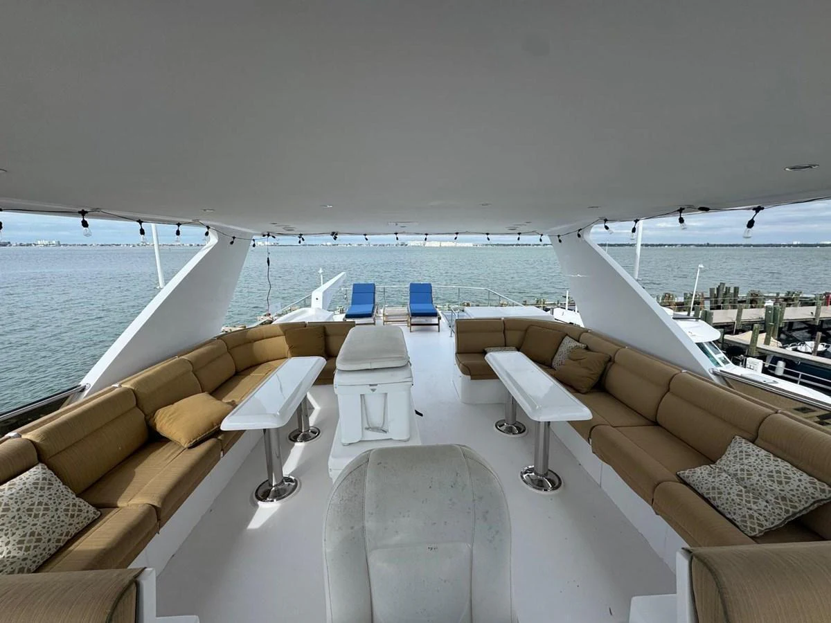 The flybridge offers ample seating with a panoramic view of the water. aboard 68' HARGRAVE OPEN BRIDGE Yacht for Sale