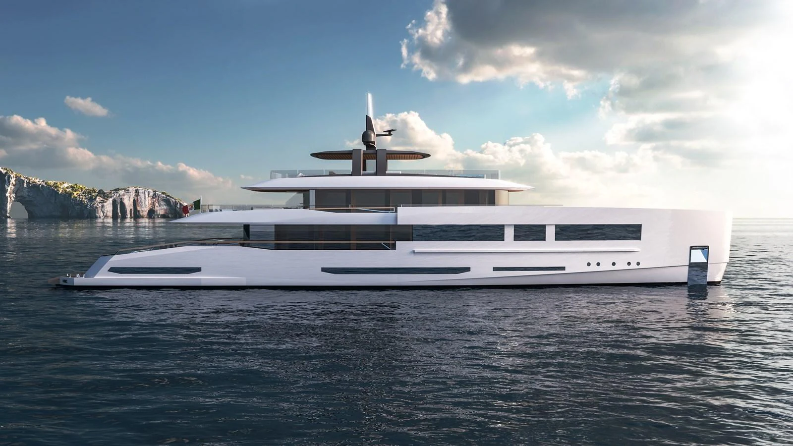 A sleek and modern yacht glides gracefully on calm waters under a partly cloudy sky. aboard SLEEK 52 Yacht for Sale