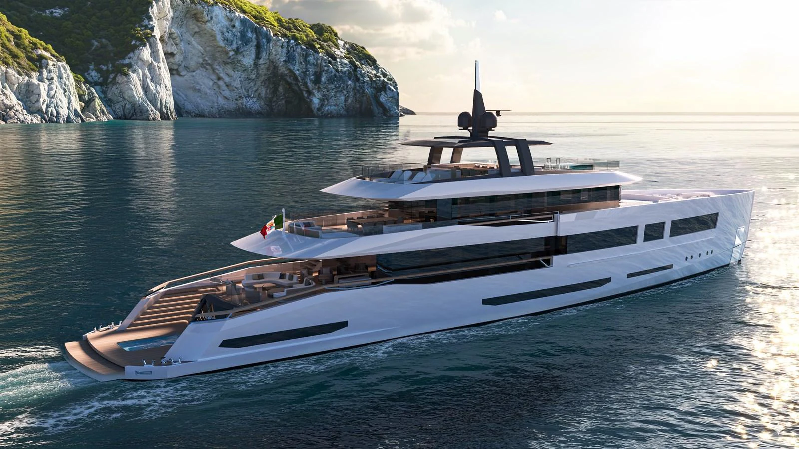 A sleek and modern yacht glides through serene waters with a rocky coastline in the background. aboard SLEEK 52 Yacht for Sale