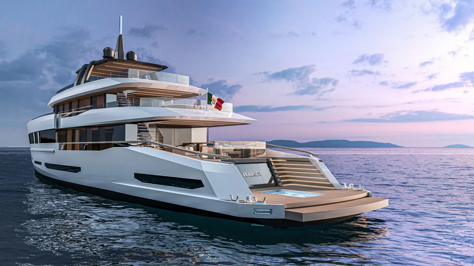 A sleek and modern yacht cruising on calm waters at sunset. aboard SLEEK 52 Yacht for Sale
