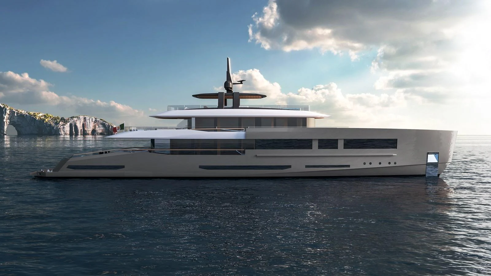 A sleek and modern yacht glides gracefully on calm waters under a partly cloudy sky. aboard SLEEK 52 Yacht for Sale