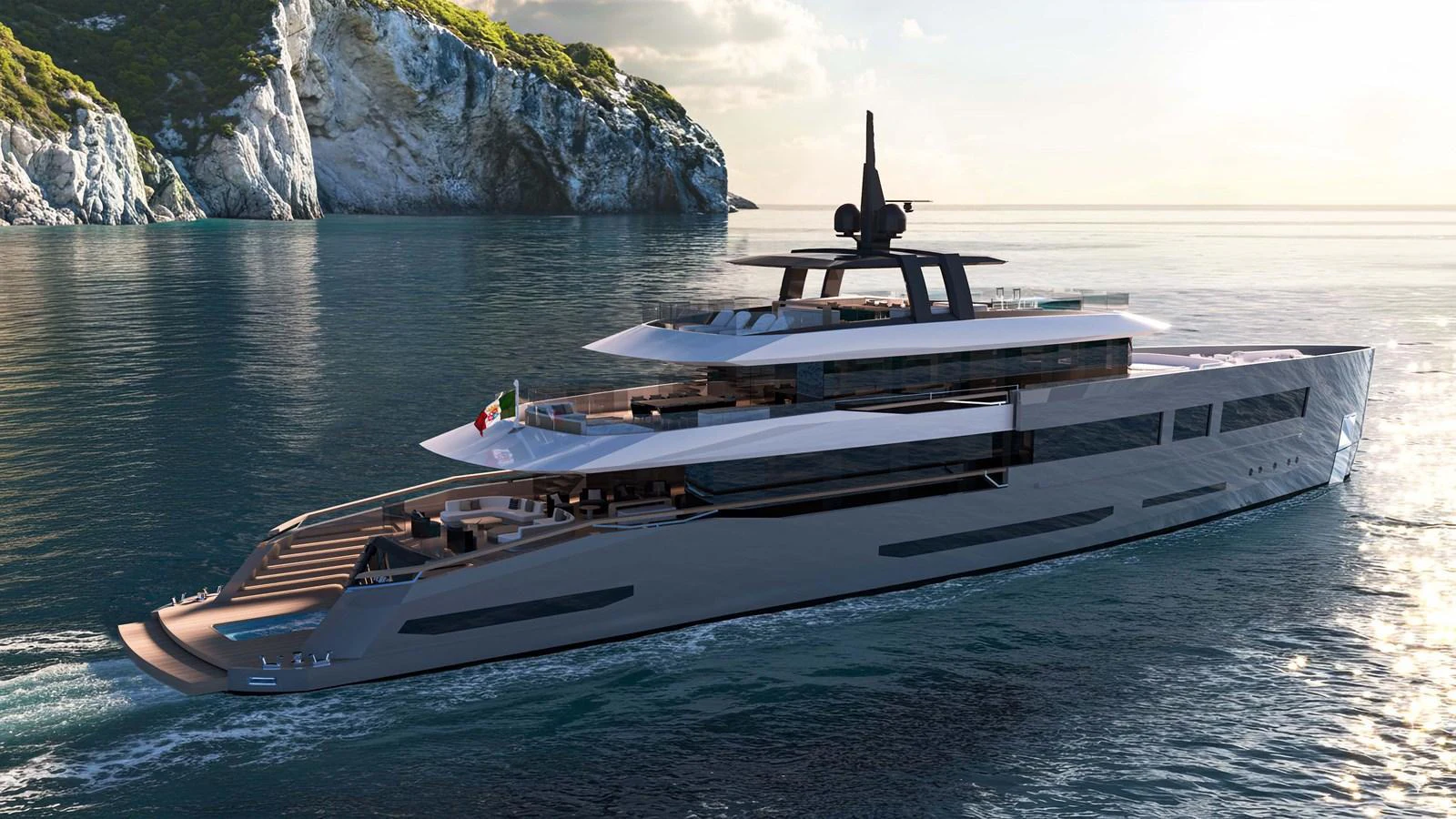 A sleek and modern yacht glides through calm waters near a rocky coastline. aboard SLEEK 52 Yacht for Sale