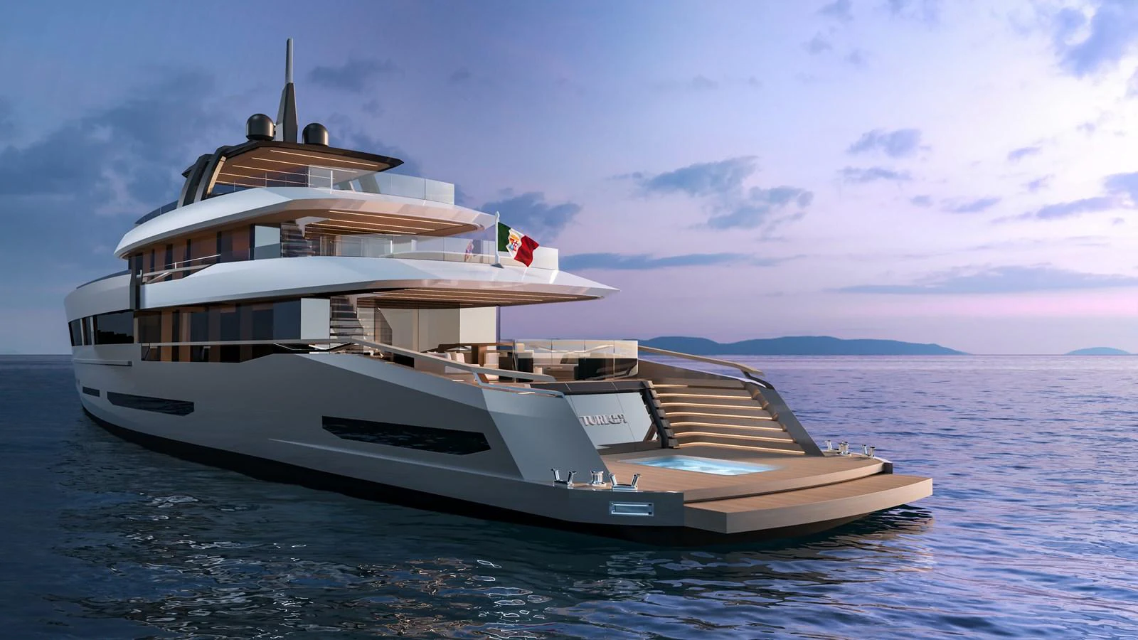 A sleek and modern yacht cruising on calm waters at sunset. aboard SLEEK 52 Yacht for Sale