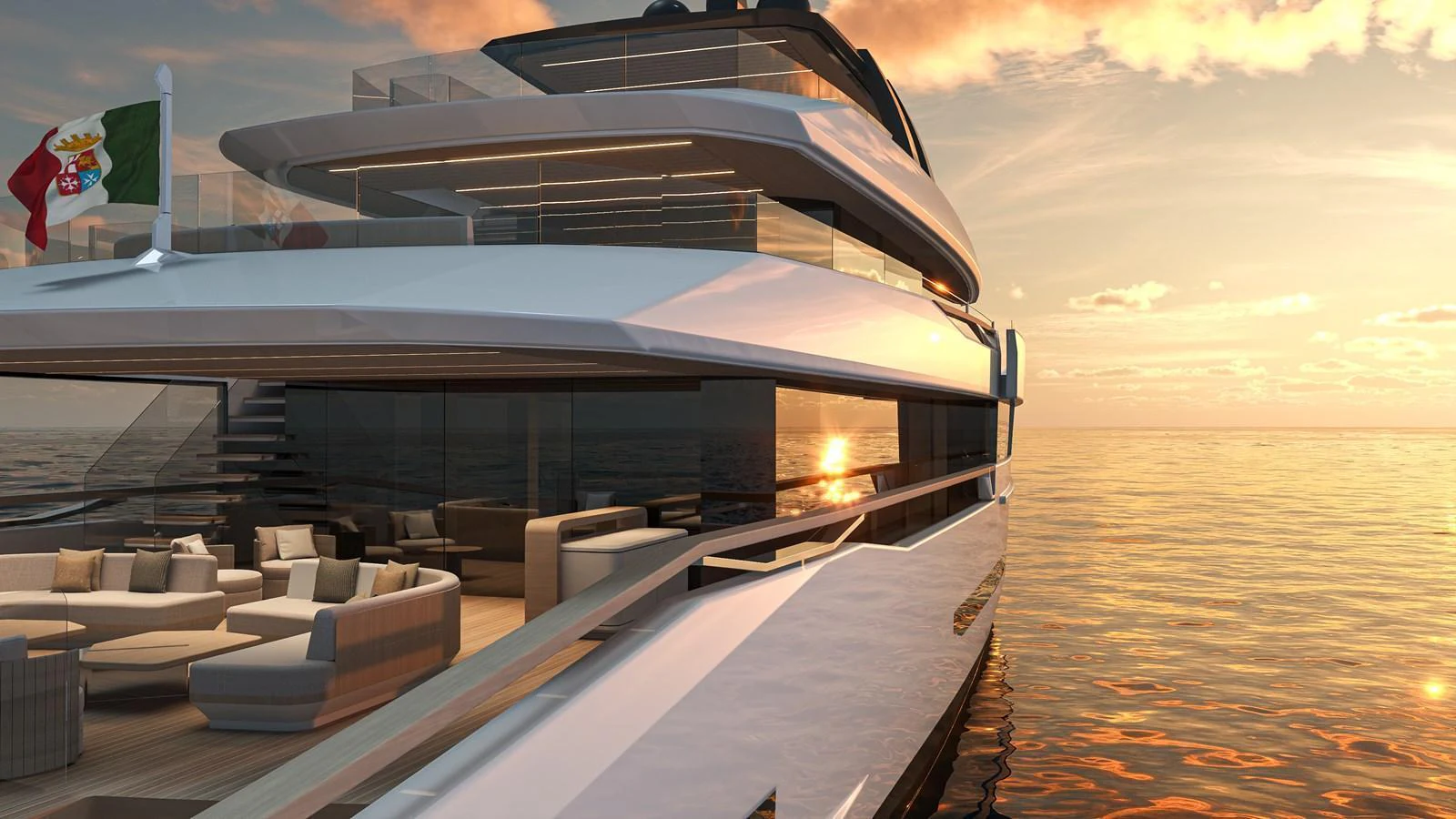 The yacht's sleek exterior is beautifully illuminated by the setting sun, showcasing its modern design and luxurious outdoor seating area. aboard SLEEK 52 Yacht for Sale