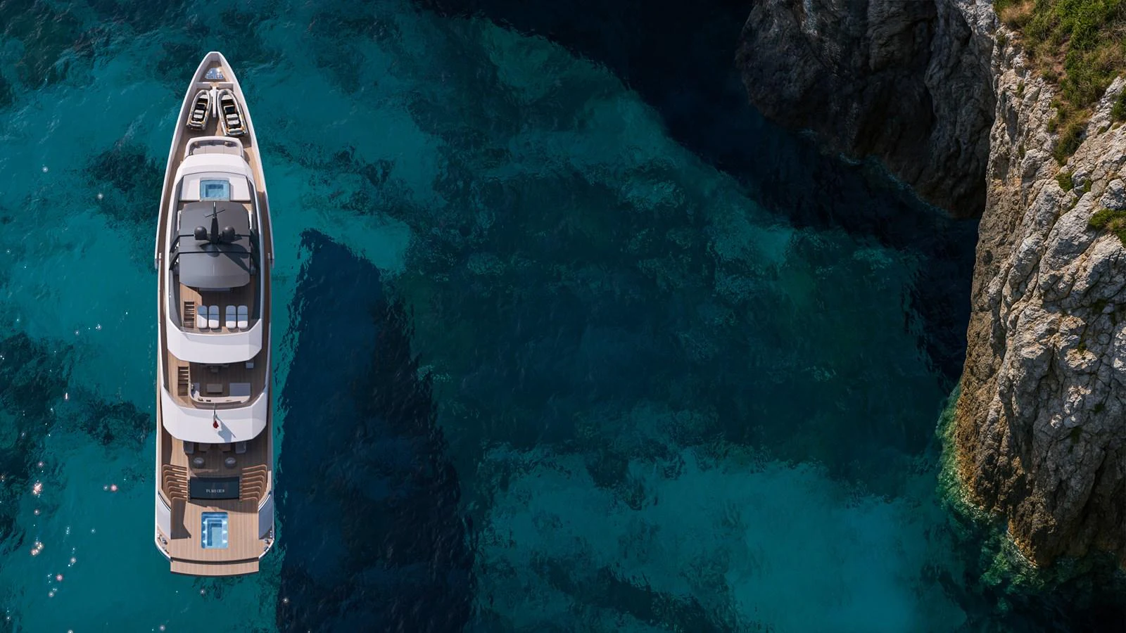 A luxurious yacht is anchored near a rocky coastline, showcasing its elegant design and spacious decks. aboard SLEEK 52 Yacht for Sale