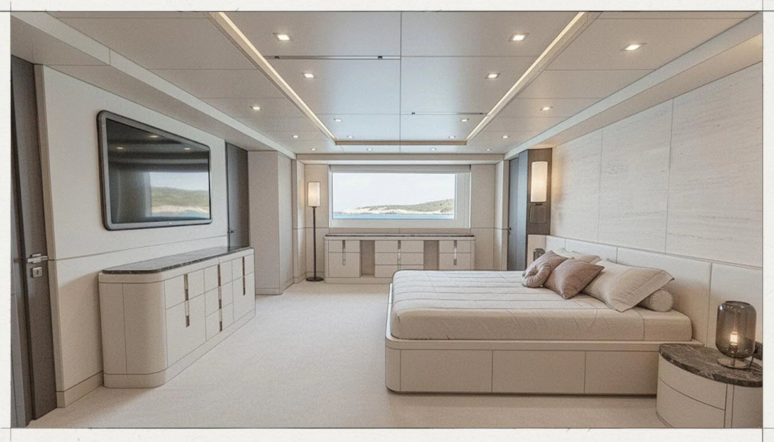 The master stateroom features a spacious layout with a large bed and modern furnishings, offering a serene retreat with a view of the sea. aboard SLEEK 52 Yacht for Sale