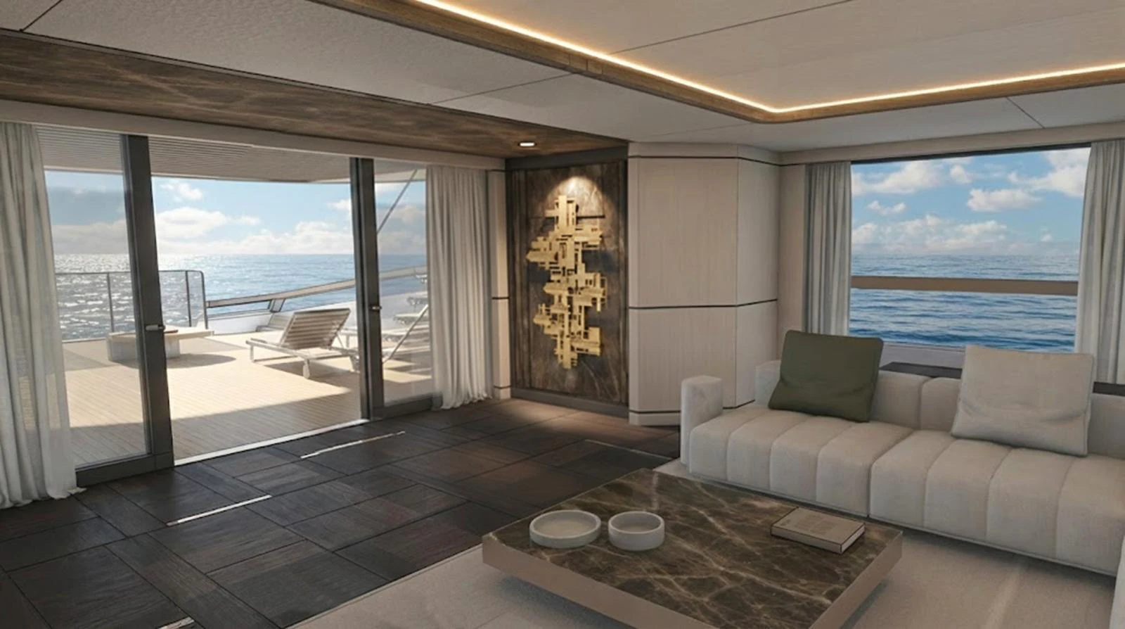 The salon offers a luxurious and spacious area with a stunning view of the sea through large windows. aboard SLEEK 52 Yacht for Sale