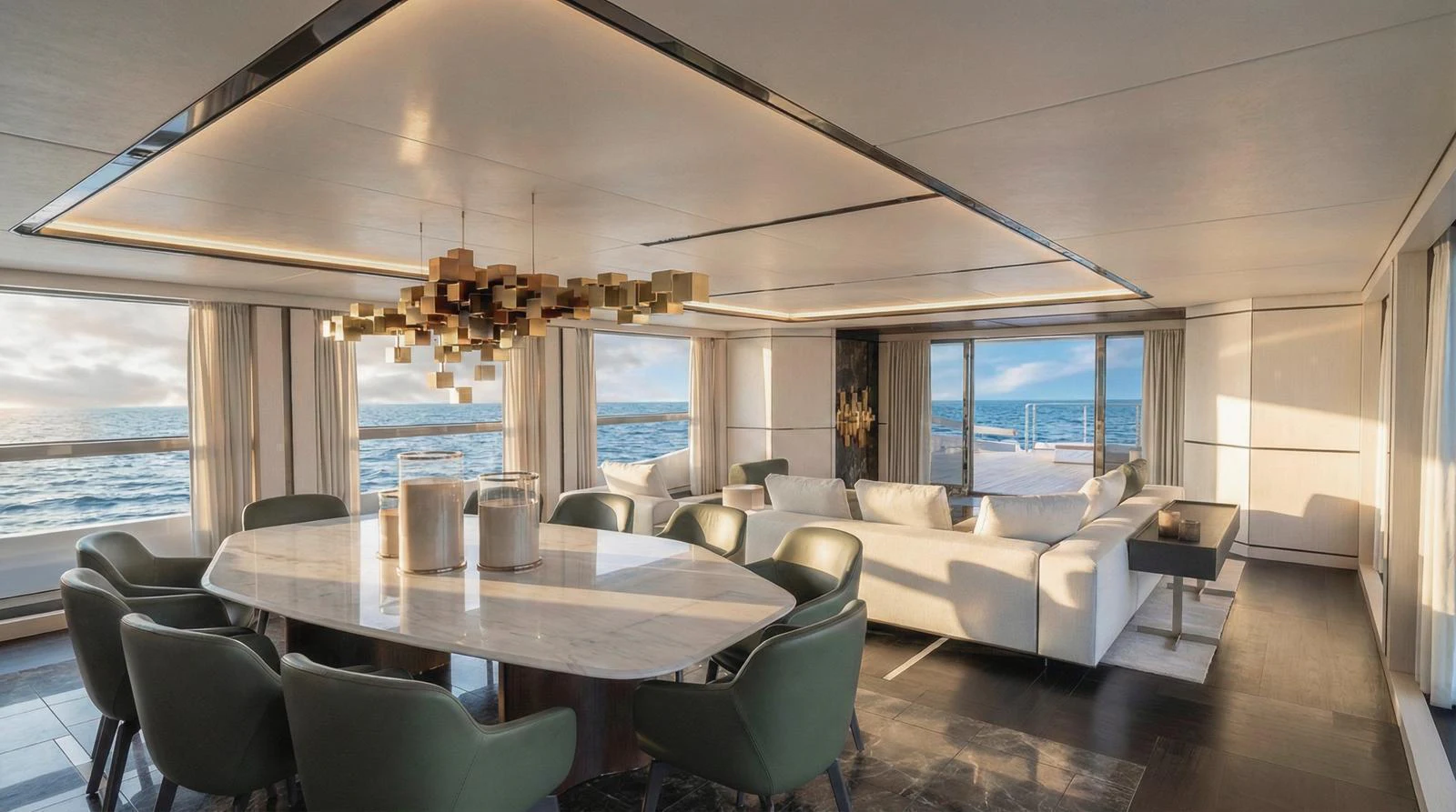 The salon offers a spacious and luxurious setting with panoramic ocean views. aboard SLEEK 52 Yacht for Sale