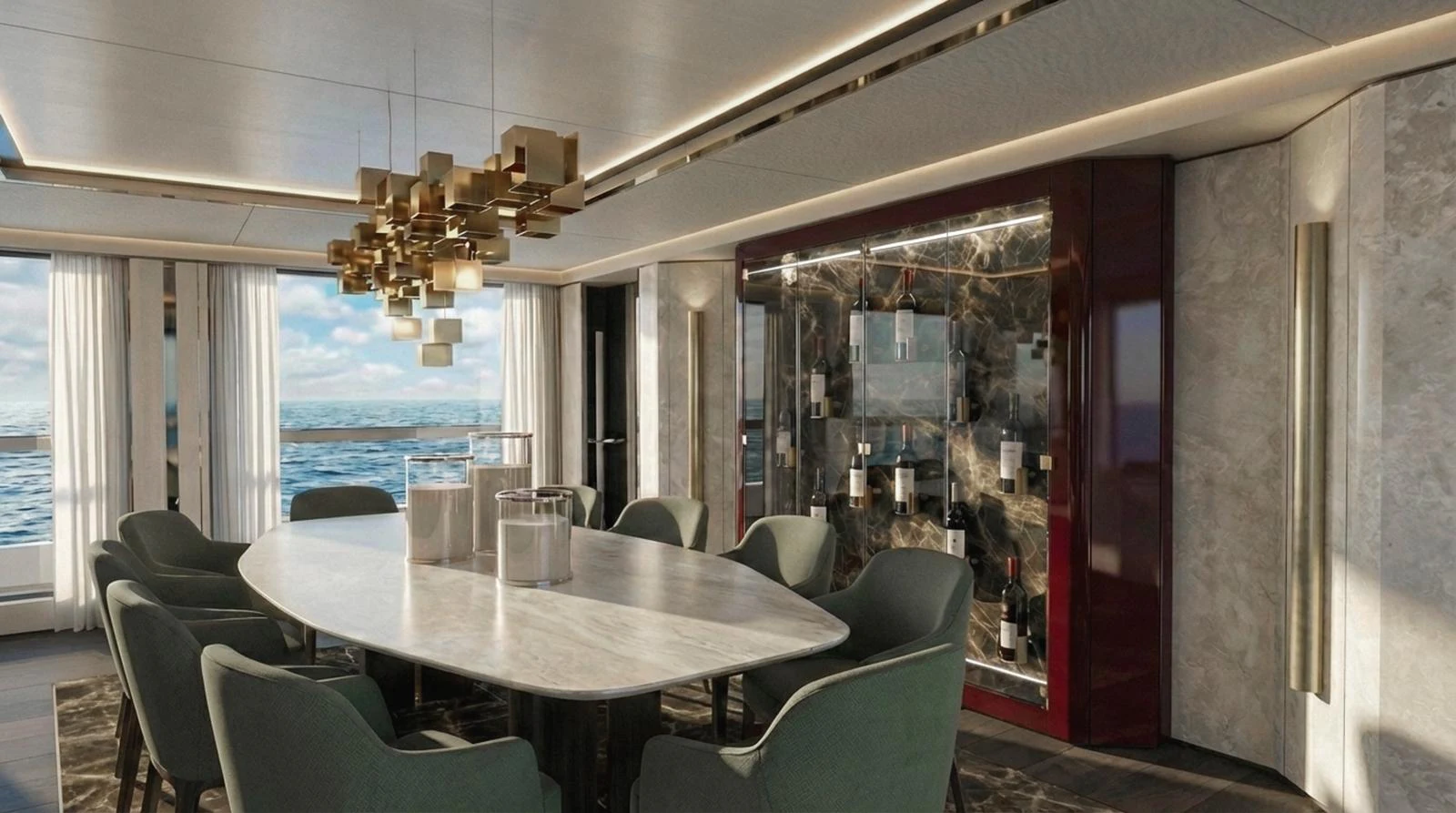 A luxurious dining area with a large table, elegant chairs, and a stunning view of the sea. aboard SLEEK 52 Yacht for Sale