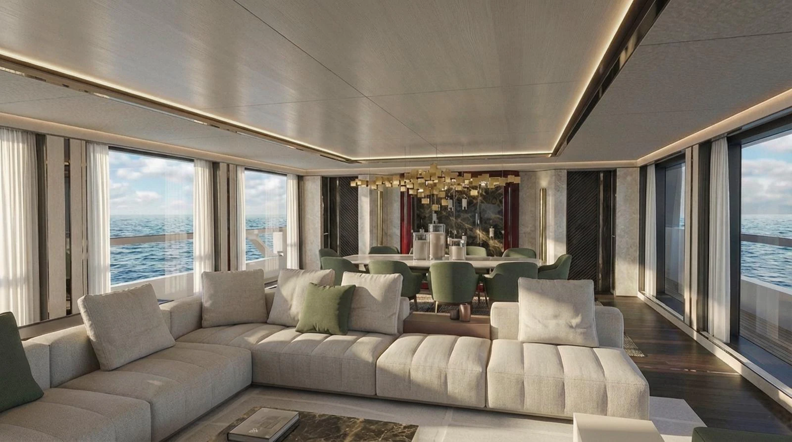 The spacious salon features luxurious seating with panoramic ocean views. aboard SLEEK 52 Yacht for Sale