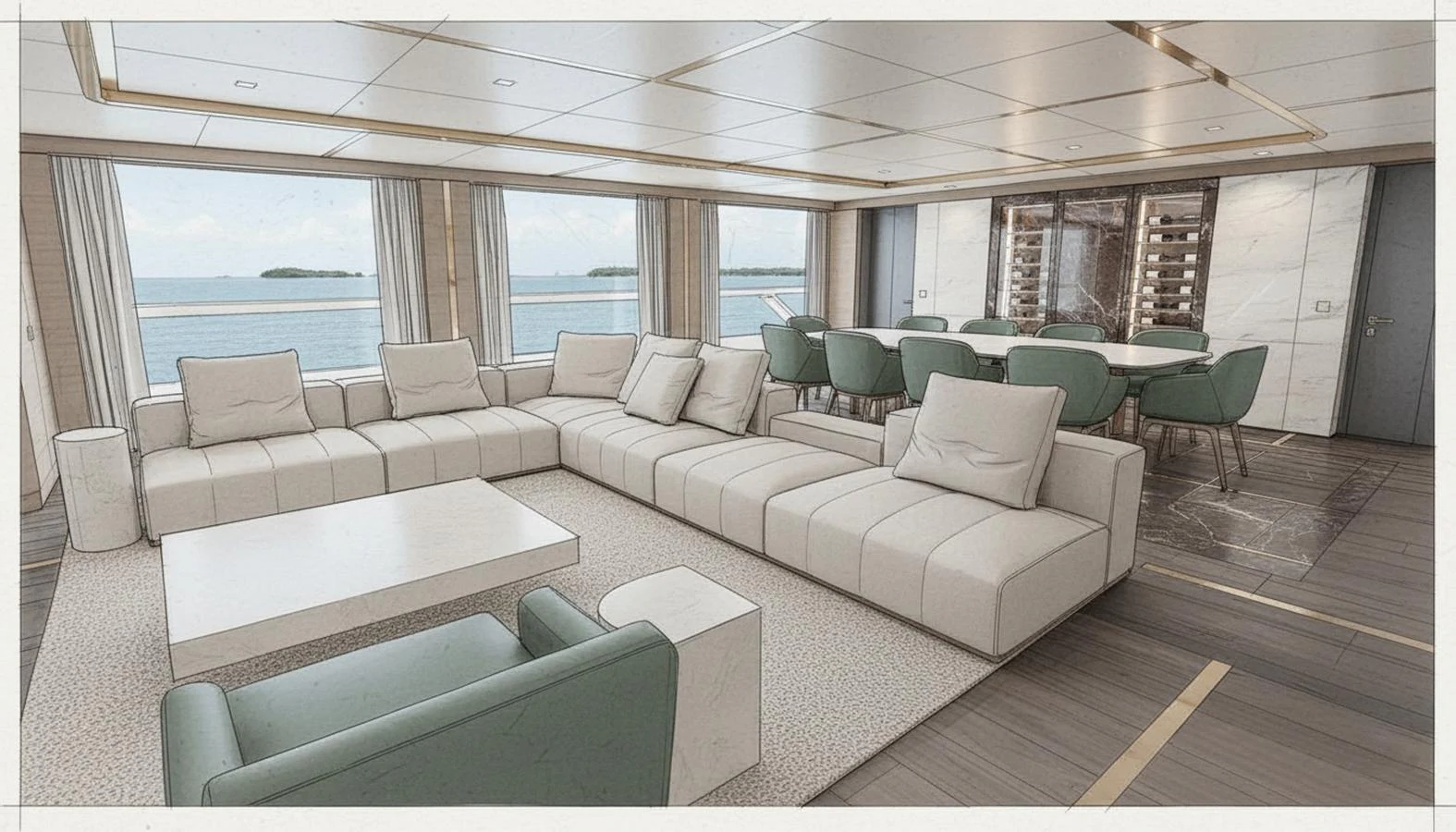 The spacious salon features plush seating and a dining area with panoramic ocean views. aboard SLEEK 52 Yacht for Sale