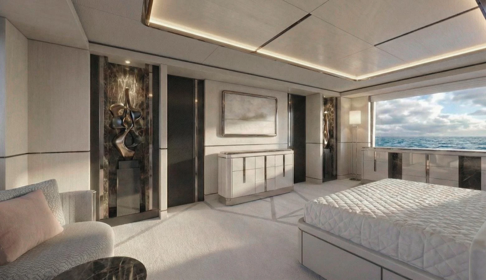 The master stateroom features elegant decor with a large window offering stunning ocean views. aboard SLEEK 52 Yacht for Sale