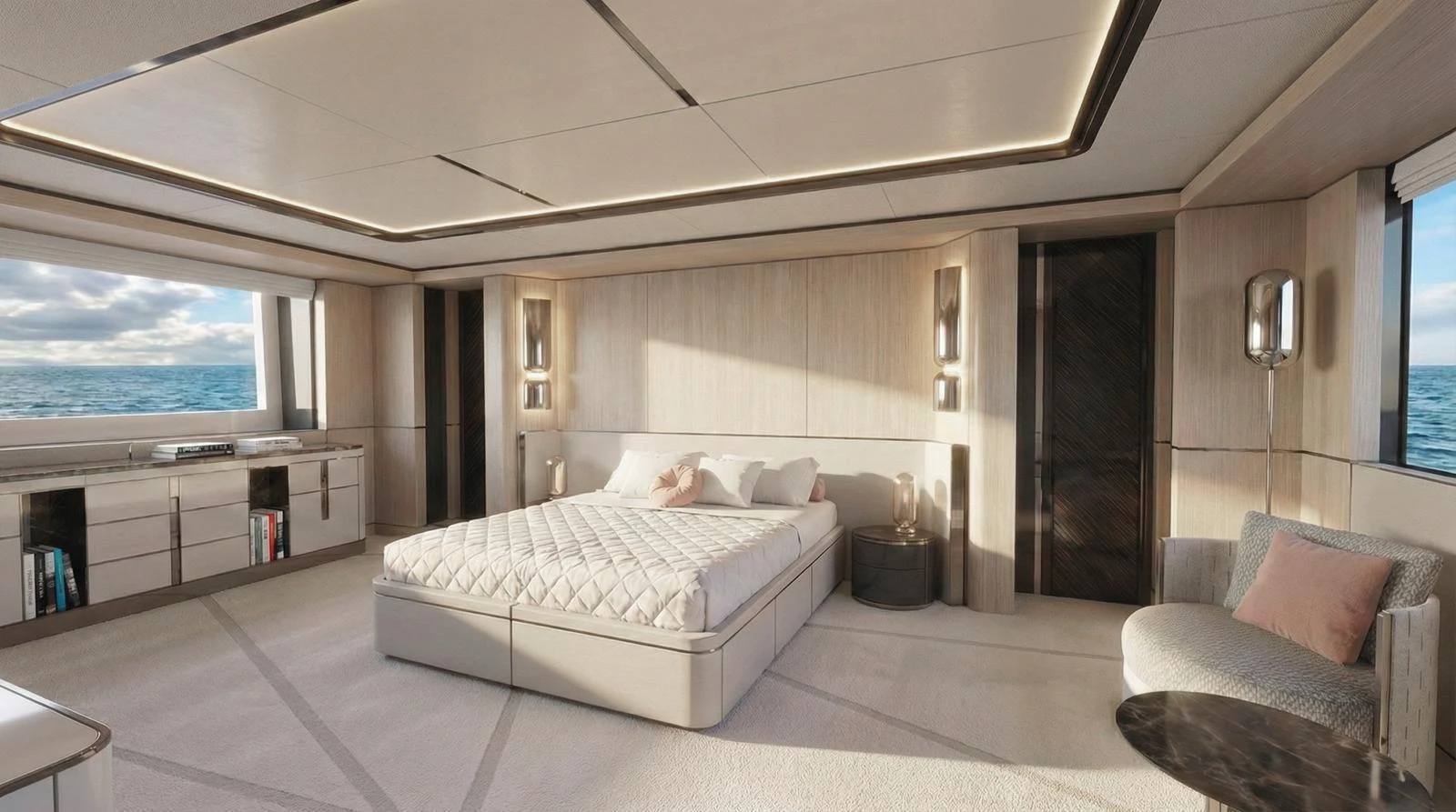 The master stateroom offers a spacious and luxurious retreat with panoramic ocean views. aboard SLEEK 52 Yacht for Sale
