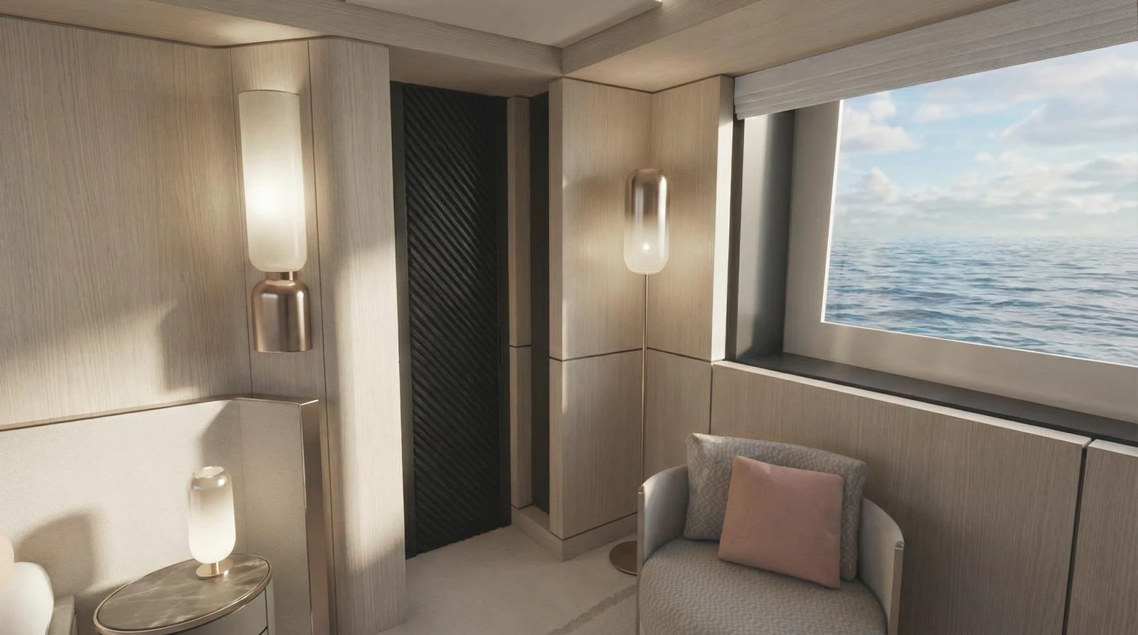 A serene and elegantly designed interior space with a view of the ocean through a large window. aboard SLEEK 52 Yacht for Sale