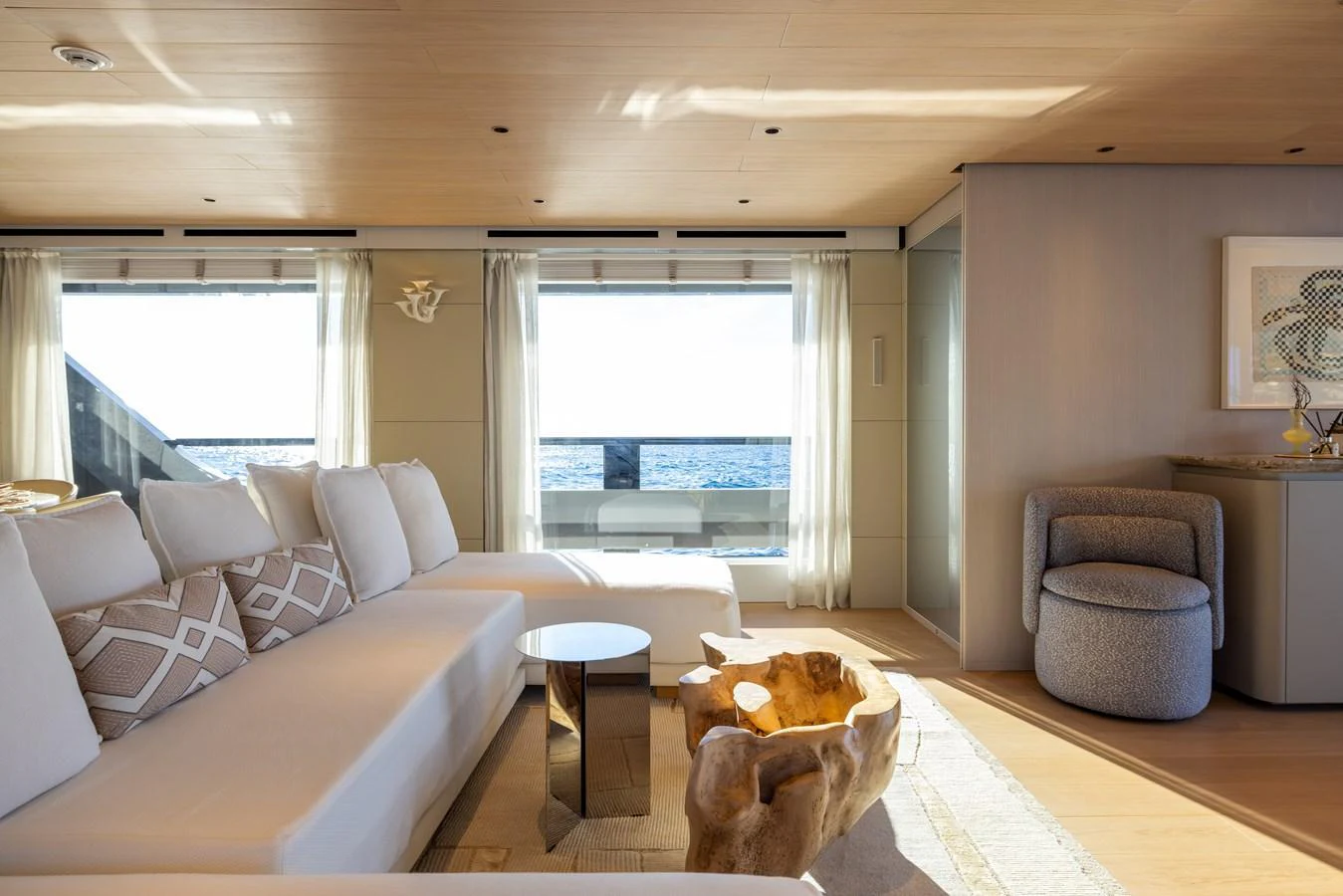 a living room with a dog aboard STELLAMAR Yacht for Sale