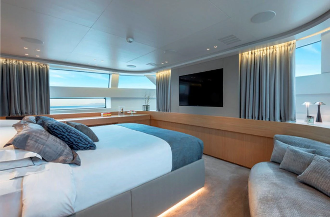 The master stateroom offers a luxurious and spacious retreat with modern decor and ample natural light. aboard FATSA Yacht for Sale