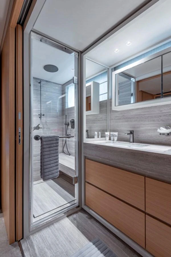 The yacht's bathroom features modern fixtures and a sleek design. aboard FATSA Yacht for Sale