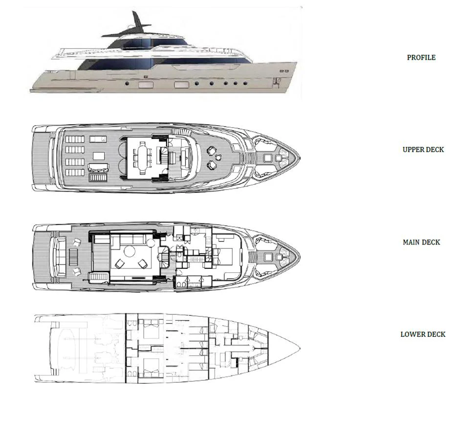 The image showcases the profile and deck plans of a luxurious yacht, highlighting its sleek design and spacious layout. aboard FATSA Yacht for Sale